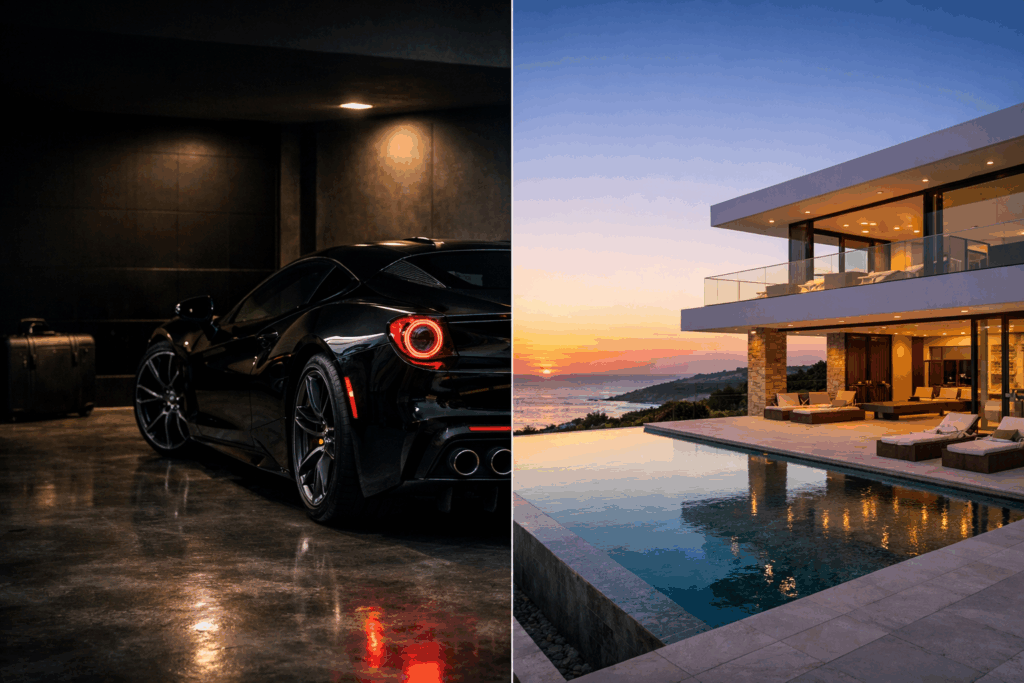 Split image showing a luxury sports car in a dark garage and a modern sea view villa with an infinity pool at sunset