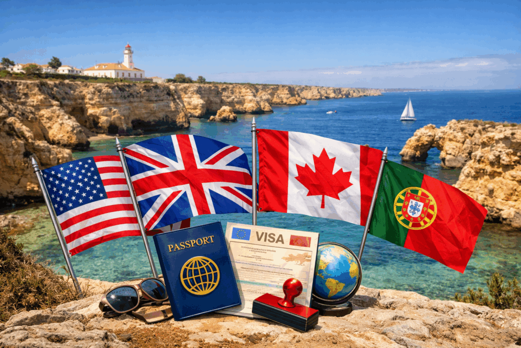 Travel authorisation and visa requirements for the US, UK, and Canada, with national flags, a passport, and visa documents set against Portugal’s Atlantic coastline.